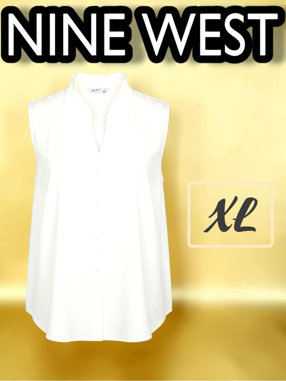 NWOT Nine West White Sleeveless Ruffle Collar V-Neck Button-Down Blouse Sz. XL